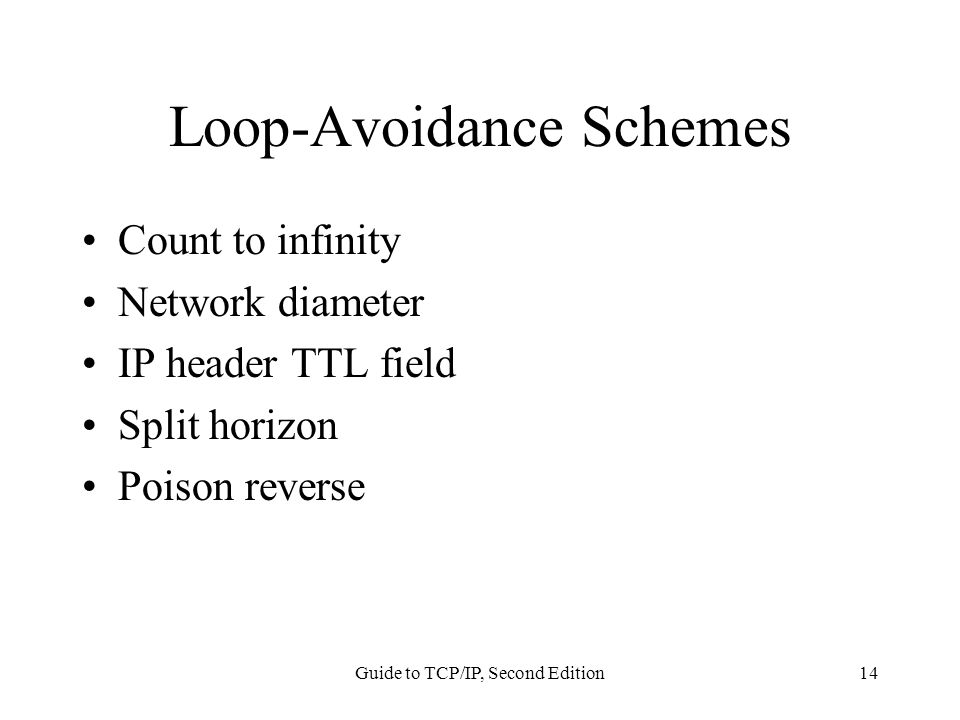 Guide to TCP/IP, Second Edition14 Loop-Avoidance Schemes Count to infinity Network diameter IP header TTL field Split horizon Poison reverse