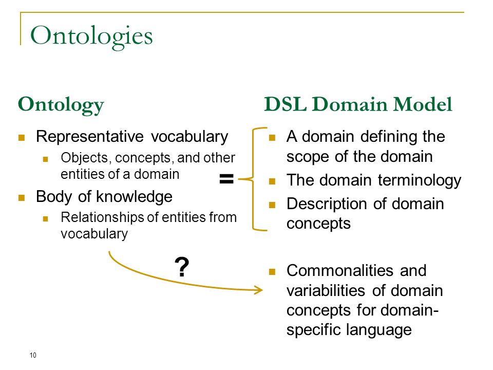 Ontologies A domain defining the scope of the domain The domain terminology Description of domain concepts Commonalities and variabilities of domain concepts for domain- specific language 10 Representative vocabulary Objects, concepts, and other entities of a domain Body of knowledge Relationships of entities from vocabulary .