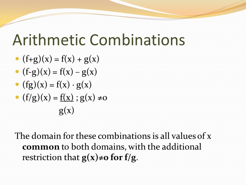 Warm Up Arithmetic Combinations F G X F X G X F G X F X G X Fg X F X G X F G X F X G X 0 G X The Domain For These Ppt Download Warm Up Arithmetic Combinations F G X F X G X F G X F X G X Fg X F X G X F G X F X G X 0 G X The Domain For These Ppt Download