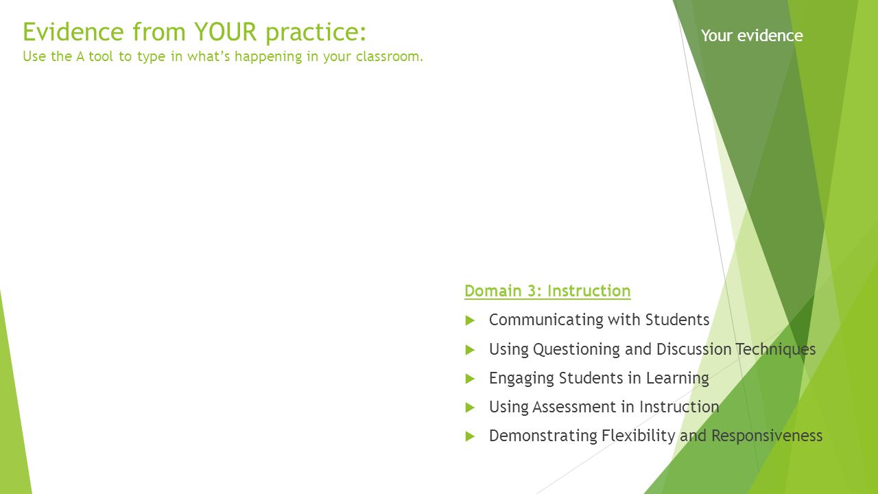 Evidence from YOUR practice: Use the A tool to type in what’s happening in your classroom.