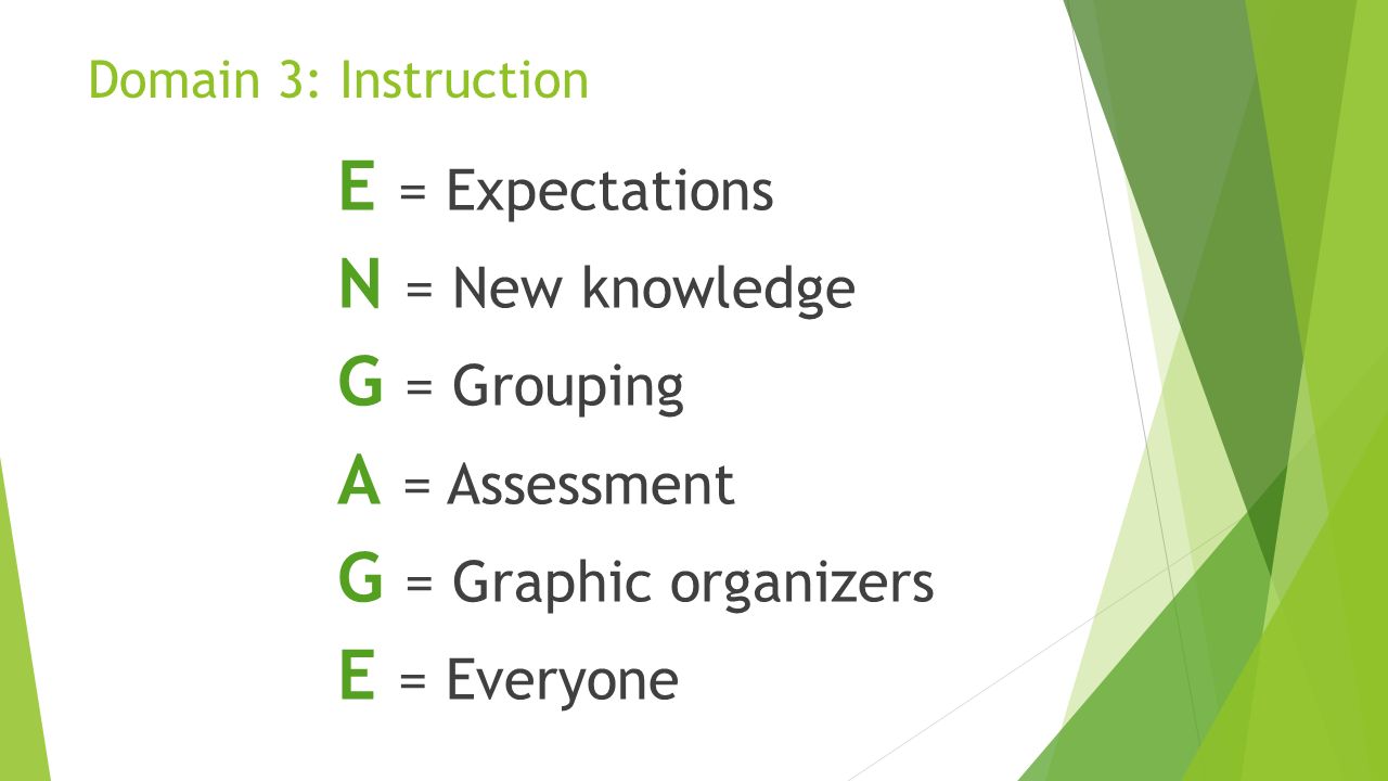 Domain 3: Instruction E = Expectations N = New knowledge G = Grouping A = Assessment G = Graphic organizers E = Everyone