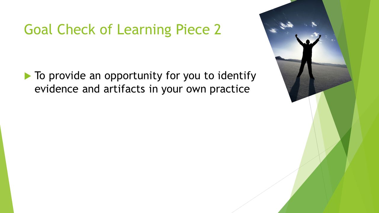 Goal Check of Learning Piece 2  To provide an opportunity for you to identify evidence and artifacts in your own practice