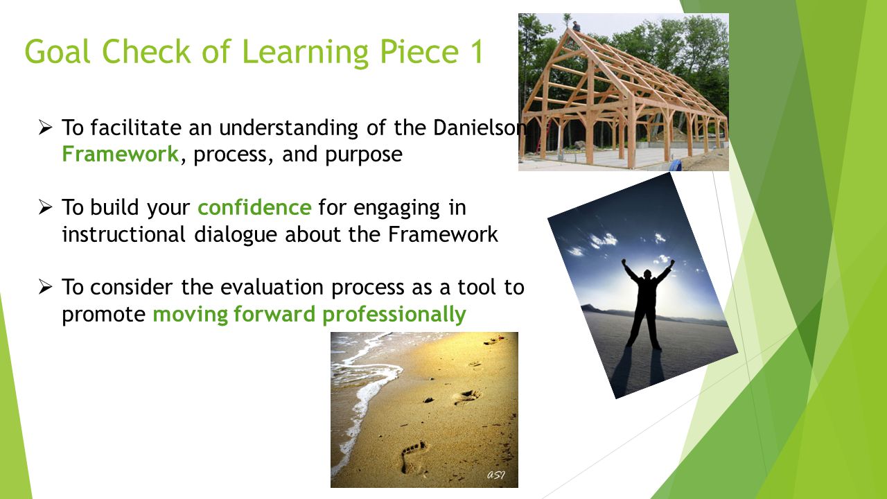 Goal Check of Learning Piece 1  To facilitate an understanding of the Danielson Framework, process, and purpose  To build your confidence for engaging in instructional dialogue about the Framework  To consider the evaluation process as a tool to promote moving forward professionally