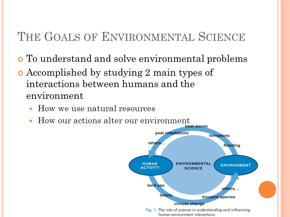 T HE G OALS OF E NVIRONMENTAL S CIENCE To understand and solve environmental problems Accomplished by studying 2 main types of interactions between humans and the environment How we use natural resources How our actions alter our environment