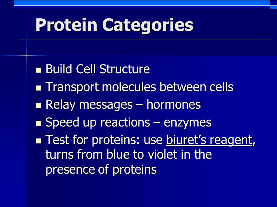 Protein Categories Build Cell Structure Build Cell Structure Transport molecules between cells Transport molecules between cells Relay messages – hormones Relay messages – hormones Speed up reactions – enzymes Speed up reactions – enzymes Test for proteins: use biuret’s reagent, turns from blue to violet in the presence of proteins Test for proteins: use biuret’s reagent, turns from blue to violet in the presence of proteins