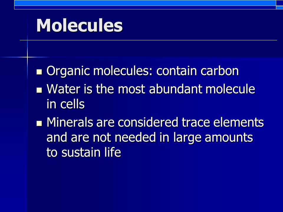 Molecules Organic molecules: contain carbon Organic molecules: contain carbon Water is the most abundant molecule in cells Water is the most abundant molecule in cells Minerals are considered trace elements and are not needed in large amounts to sustain life Minerals are considered trace elements and are not needed in large amounts to sustain life