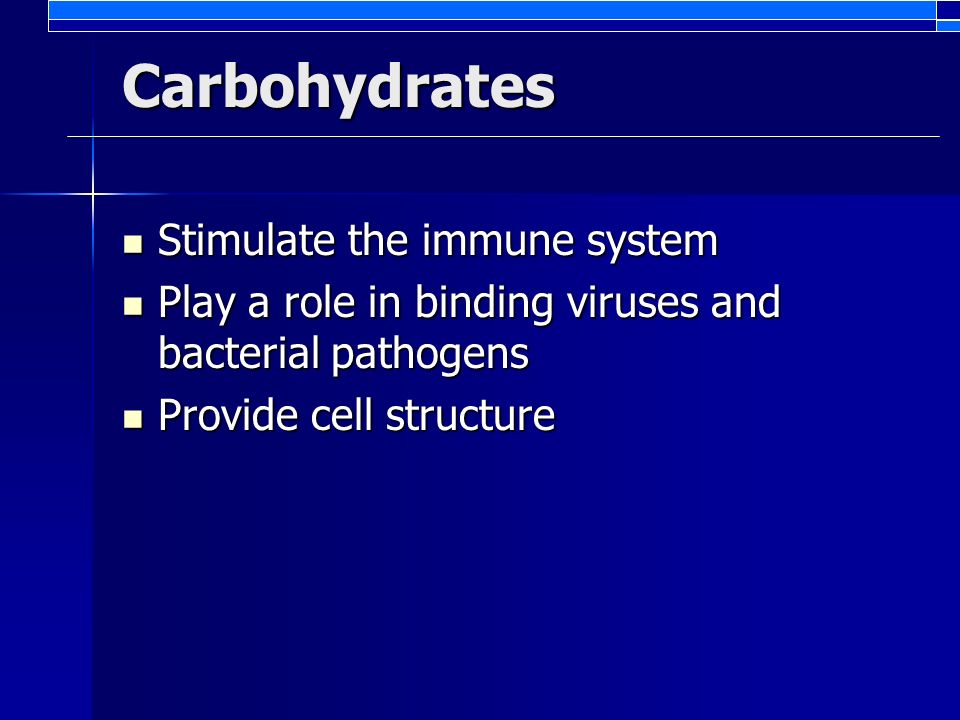 Carbohydrates Stimulate the immune system Stimulate the immune system Play a role in binding viruses and bacterial pathogens Play a role in binding viruses and bacterial pathogens Provide cell structure Provide cell structure