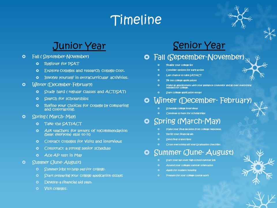 Timeline Junior Year  Fall ( September-November)  Register for PSAT  Explore colleges and research college cost.