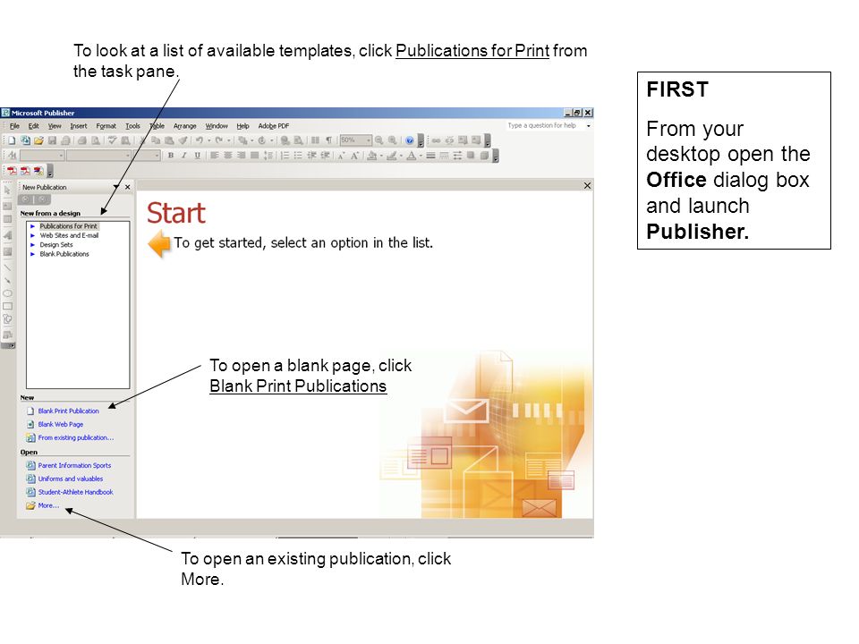 To look at a list of available templates, click Publications for Print from the task pane.
