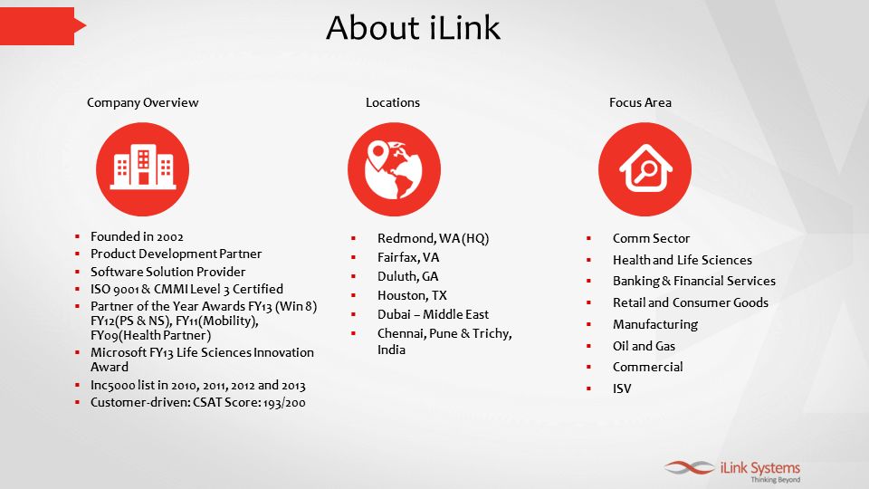 About iLink Company OverviewLocationsFocus Area  Founded in 2002  Product Development Partner  Software Solution Provider  ISO 9001 & CMMI Level 3 Certified  Partner of the Year Awards FY13 (Win 8) FY12(PS & NS), FY11(Mobility), FY09(Health Partner)  Microsoft FY13 Life Sciences Innovation Award  Inc5000 list in 2010, 2011, 2012 and 2013  Customer-driven: CSAT Score: 193/200  Redmond, WA (HQ)  Fairfax, VA  Duluth, GA  Houston, TX  Dubai – Middle East  Chennai, Pune & Trichy, India  Comm Sector  Health and Life Sciences  Banking & Financial Services  Retail and Consumer Goods  Manufacturing  Oil and Gas  Commercial  ISV