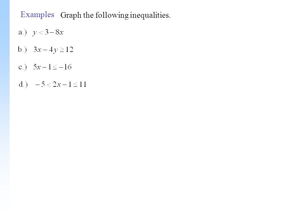 Examples Graph the following inequalities.