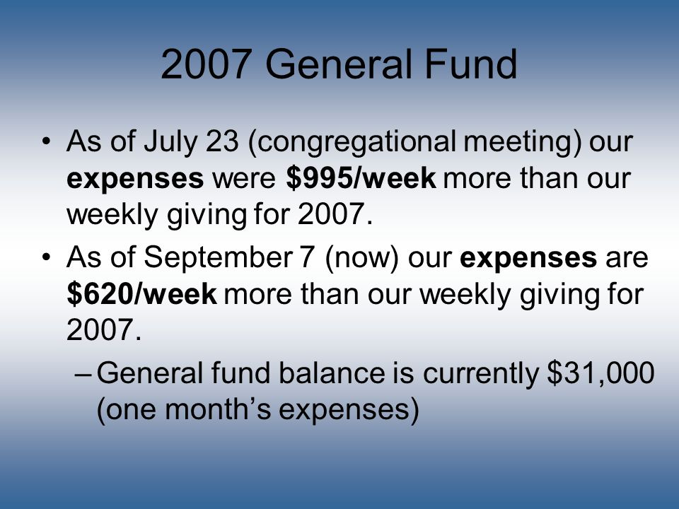 2007 General Fund As of July 23 (congregational meeting) our expenses were $995/week more than our weekly giving for 2007.