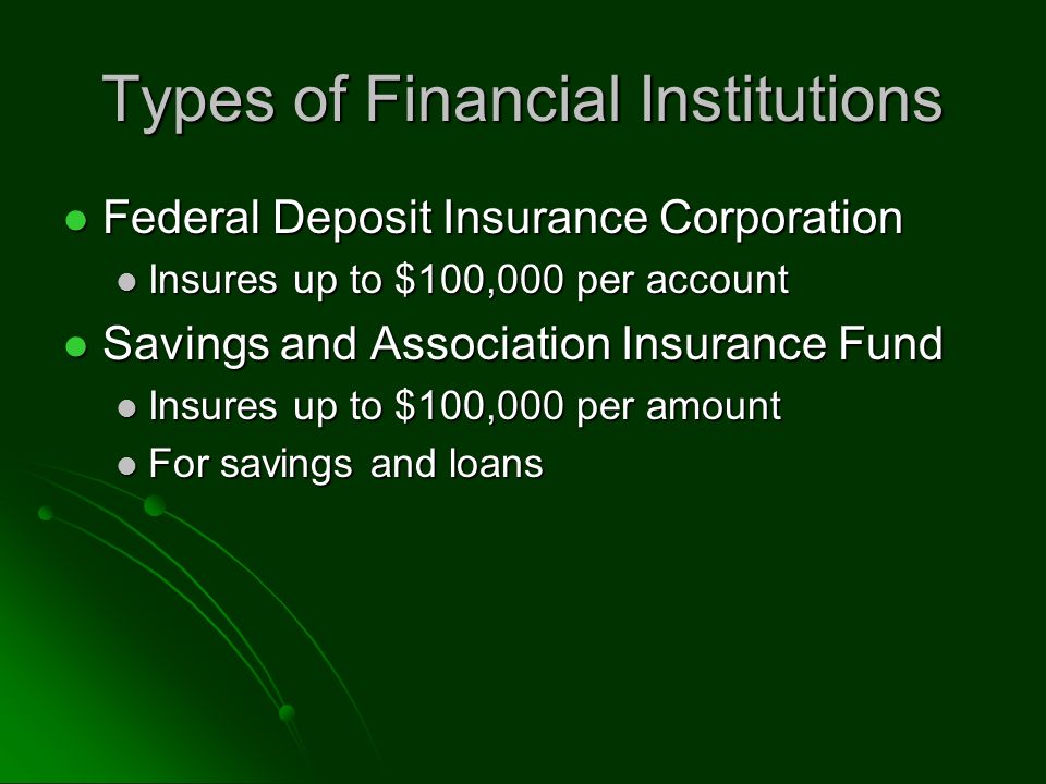 Types of Financial Institutions Federal Deposit Insurance Corporation Federal Deposit Insurance Corporation Insures up to $100,000 per account Insures up to $100,000 per account Savings and Association Insurance Fund Savings and Association Insurance Fund Insures up to $100,000 per amount Insures up to $100,000 per amount For savings and loans For savings and loans
