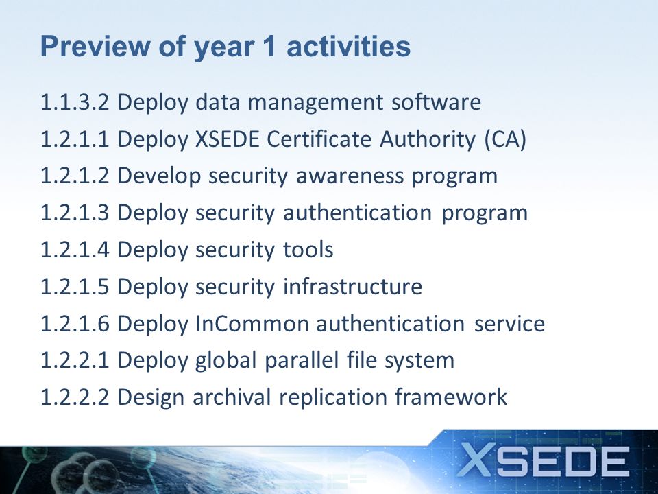 Preview of year 1 activities Deploy data management software Deploy XSEDE Certificate Authority (CA) Develop security awareness program Deploy security authentication program Deploy security tools Deploy security infrastructure Deploy InCommon authentication service Deploy global parallel file system Design archival replication framework