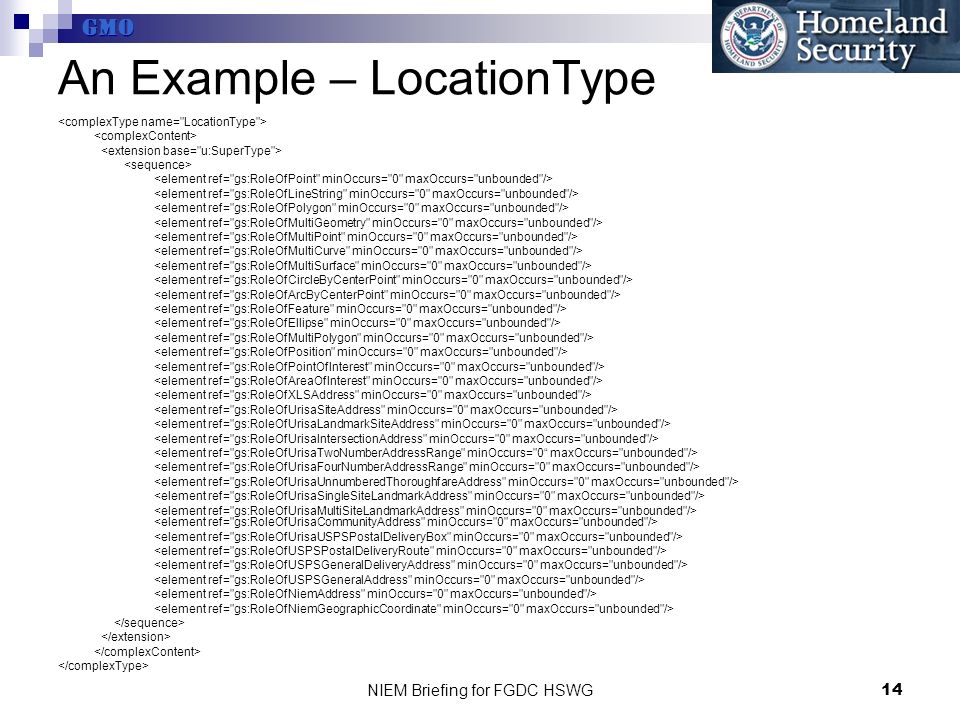 GMO NIEM Briefing for FGDC HSWG14 An Example – LocationType