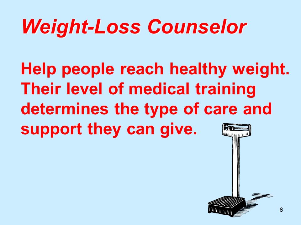 6 Weight-Loss Counselor Weight-Loss Counselor Help people reach healthy weight.