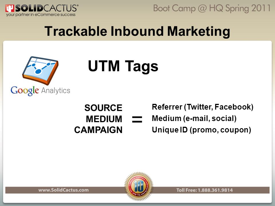 Trackable Inbound Marketing UTM Tags SOURCE MEDIUM CAMPAIGN Referrer (Twitter, Facebook) Medium ( , social) Unique ID (promo, coupon) =