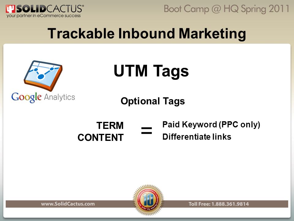 Trackable Inbound Marketing UTM Tags TERM CONTENT Paid Keyword (PPC only) Differentiate links = Optional Tags