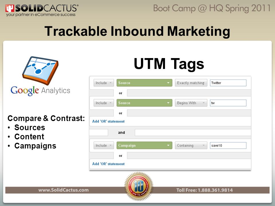 Trackable Inbound Marketing UTM Tags Compare & Contrast: Sources Content Campaigns