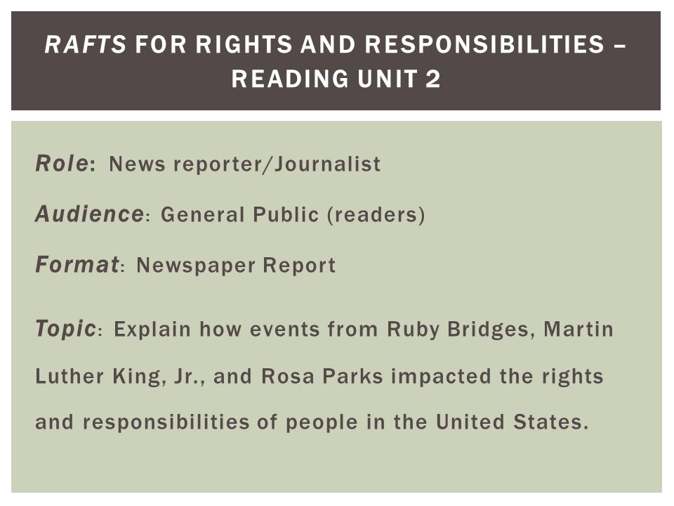 RAFTS FOR RIGHTS AND RESPONSIBILITIES – READING UNIT 2 Role : News reporter/Journalist Audience : General Public (readers) Format : Newspaper Report Topic : Explain how events from Ruby Bridges, Martin Luther King, Jr., and Rosa Parks impacted the rights and responsibilities of people in the United States.
