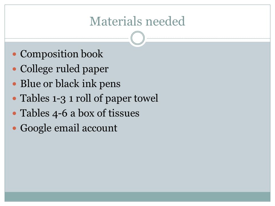 Materials needed Composition book College ruled paper Blue or black ink pens Tables roll of paper towel Tables 4-6 a box of tissues Google  account