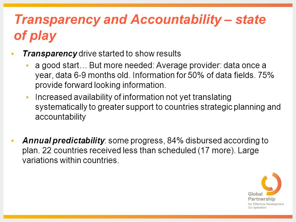 Transparency and Accountability – state of play Transparency drive started to show results a good start… But more needed: Average provider: data once a year, data 6-9 months old.