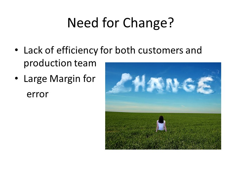 Need for Change Lack of efficiency for both customers and production team Large Margin for error