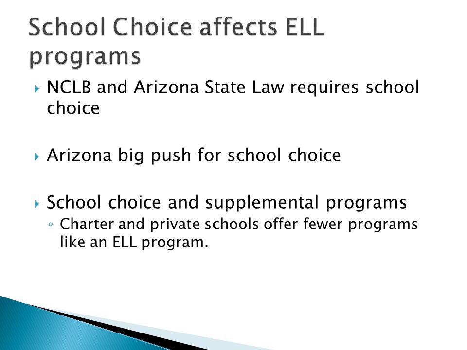  NCLB and Arizona State Law requires school choice  Arizona big push for school choice  School choice and supplemental programs ◦ Charter and private schools offer fewer programs like an ELL program.