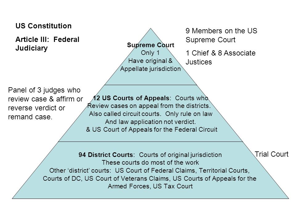 Supreme Court Only 1 Have original & Appellate jurisdiction 12 US Courts of Appeals: Courts who Review cases on appeal from the districts.