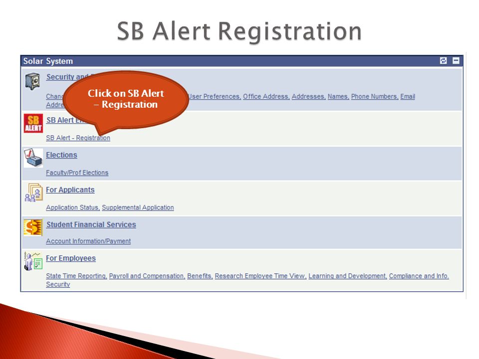 Click on SB Alert - Registration