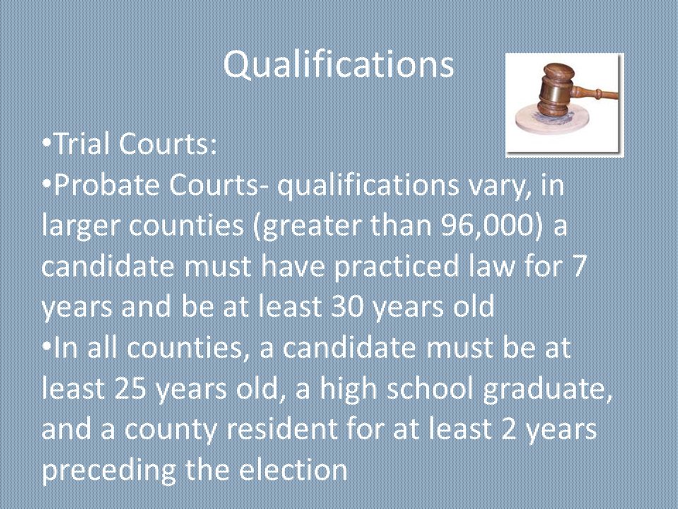 Qualifications Trial Courts: Superior Courts- candidate must have been at least 30 years old, a citizen of Georgia for 3 years, and have practiced law for at least 7 years State Courts- candidate must be at least 25 years old, have been admitted to practice law for 7 years, and have lived in Georgia for at least 3 years