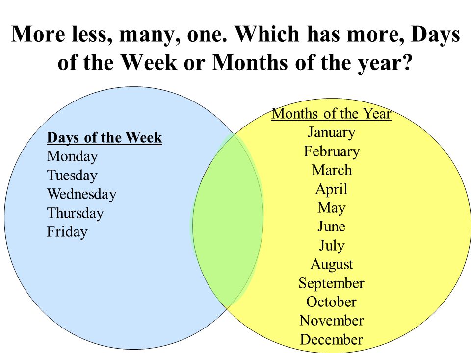 More less, many, one. Which has more, Days of the Week or Months of the year.