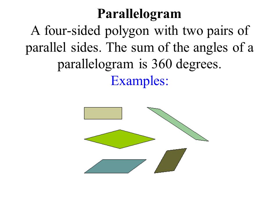 Parallelogram A four-sided polygon with two pairs of parallel sides.