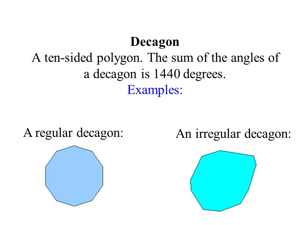 Decagon A ten-sided polygon. The sum of the angles of a decagon is 1440 degrees.