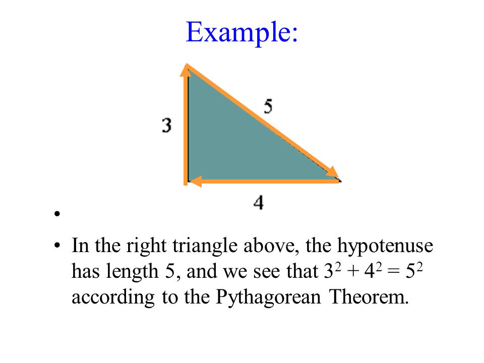 Example: In the right triangle above, the hypotenuse has length 5, and we see that = 5 2 according to the Pythagorean Theorem.