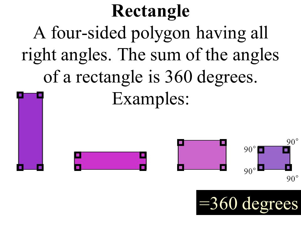 90° =360 degrees Rectangle A four-sided polygon having all right angles.