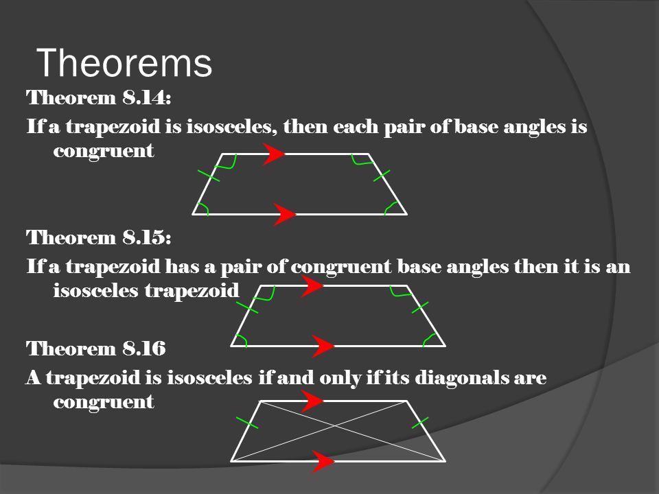 Theorems Theorem 8.14: If a trapezoid is isosceles, then each pair of base angles is congruent Theorem 8.15: If a trapezoid has a pair of congruent base angles then it is an isosceles trapezoid Theorem 8.16 A trapezoid is isosceles if and only if its diagonals are congruent