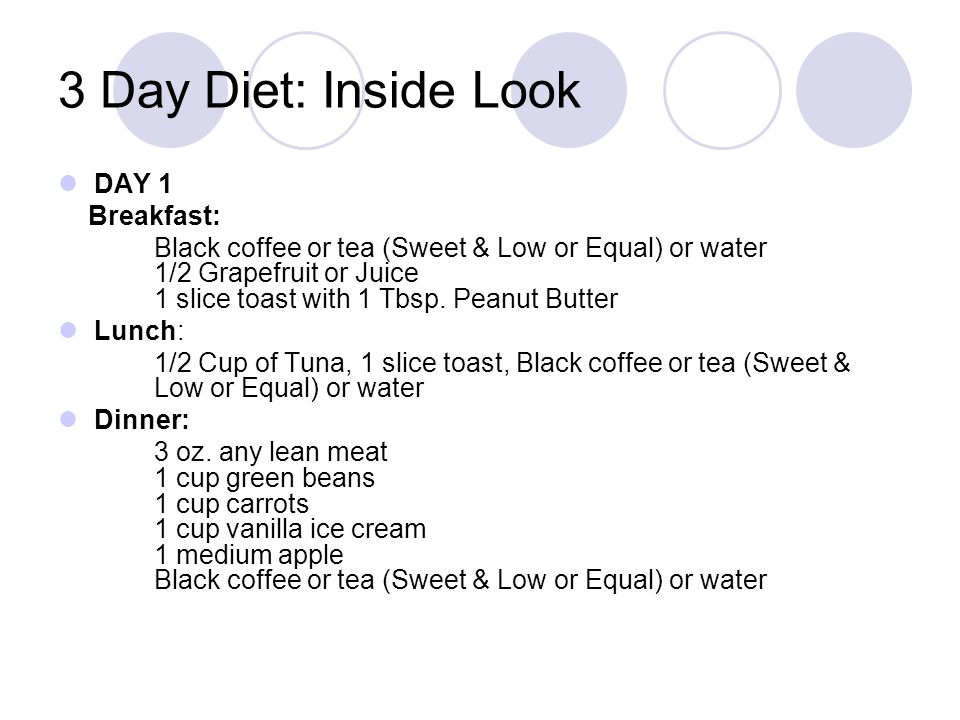 3 Day Diet: Inside Look DAY 1 Breakfast: Black coffee or tea (Sweet & Low or Equal) or water 1/2 Grapefruit or Juice 1 slice toast with 1 Tbsp.