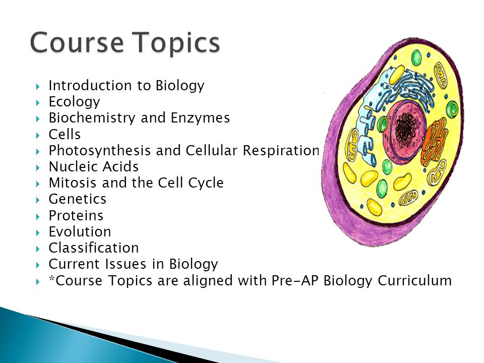  Introduction to Biology  Ecology  Biochemistry and Enzymes  Cells  Photosynthesis and Cellular Respiration  Nucleic Acids  Mitosis and the Cell Cycle  Genetics  Proteins  Evolution  Classification  Current Issues in Biology  *Course Topics are aligned with Pre-AP Biology Curriculum