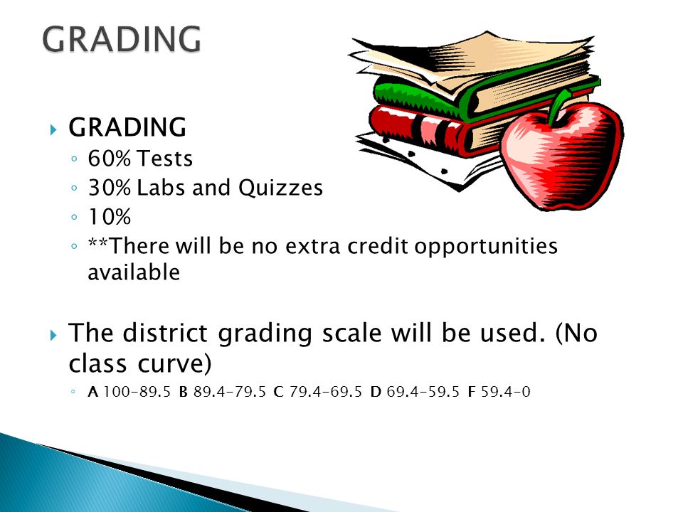  GRADING ◦ 60% Tests ◦ 30% Labs and Quizzes ◦ 10% ◦ **There will be no extra credit opportunities available  The district grading scale will be used.