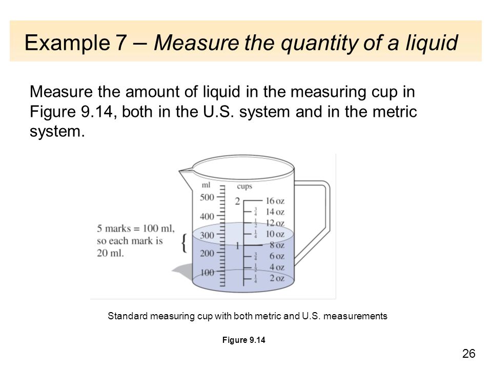 26 Example 7 – Measure the quantity of a liquid Measure the amount of liquid in the measuring cup in Figure 9.14, both in the U.S.