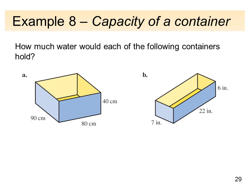29 Example 8 – Capacity of a container How much water would each of the following containers hold
