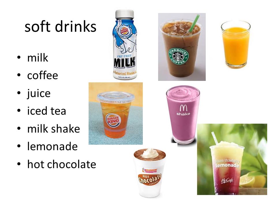 milk coffee juice iced tea milk shake lemonade hot chocolate soft drinks