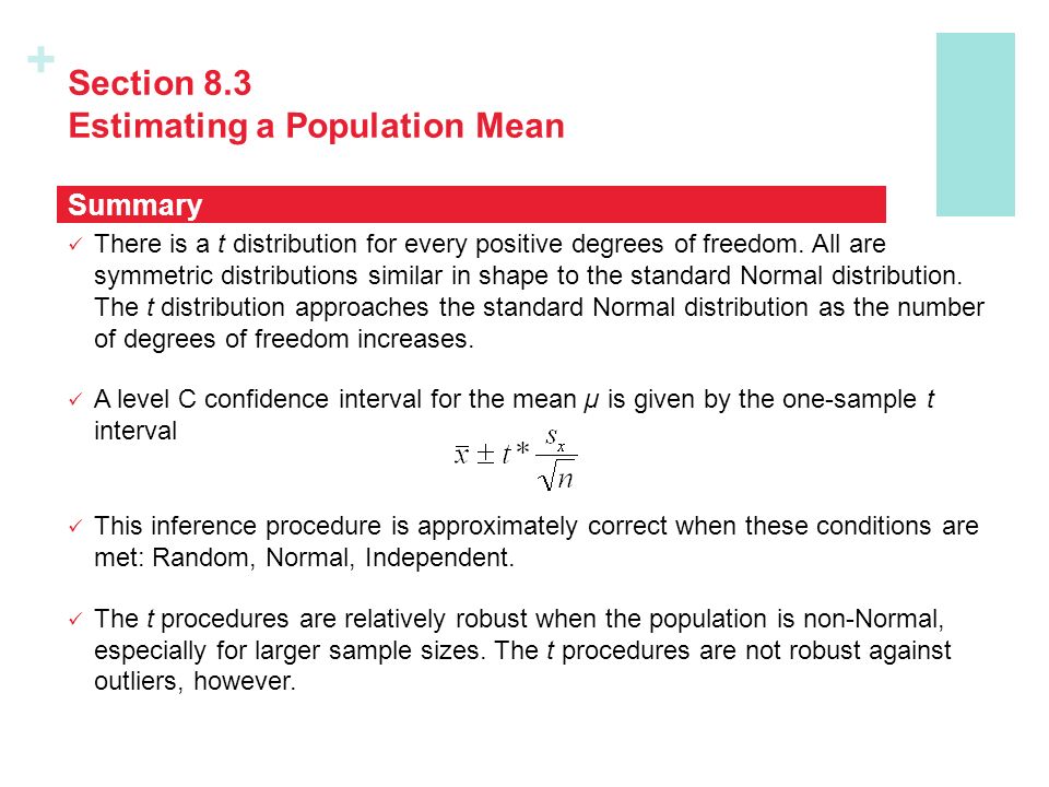 + Section 8.3 Estimating a Population Mean There is a t distribution for every positive degrees of freedom.