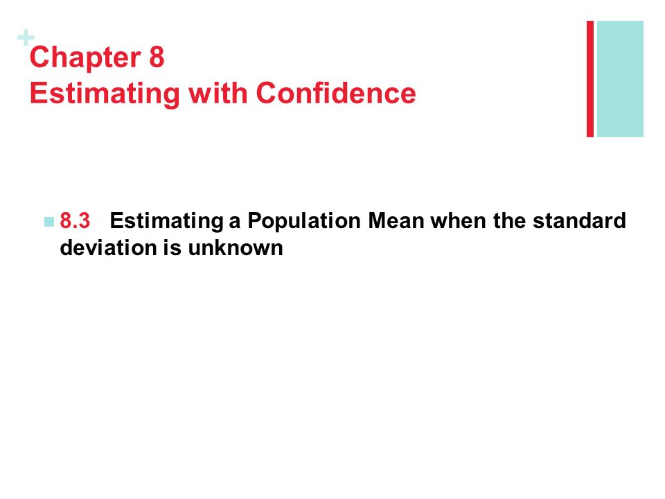 + Chapter 8 Estimating with Confidence 8.3Estimating a Population Mean when the standard deviation is unknown