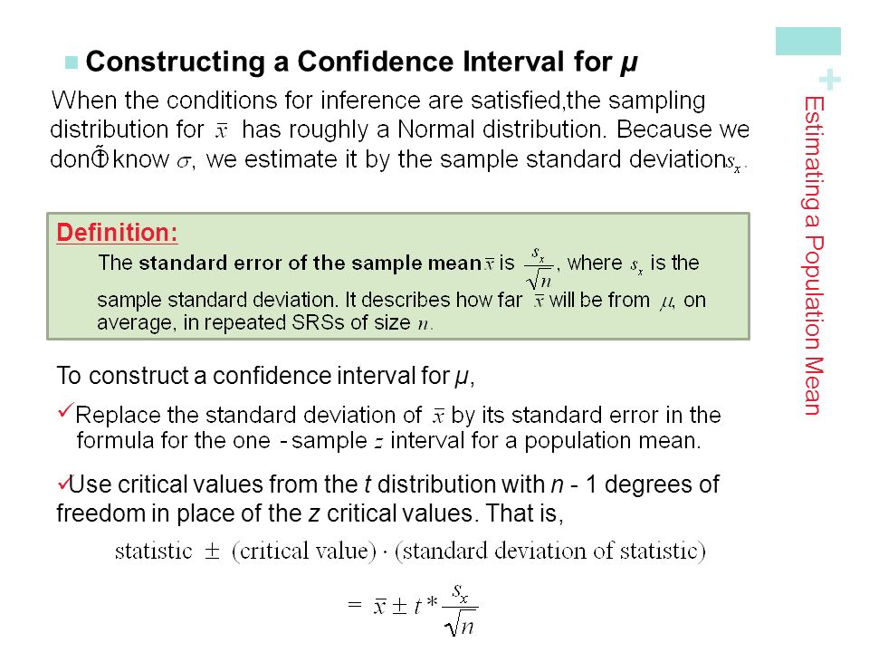 + Constructing a Confidence Interval for µ Estimating a Population Mean Definition: To construct a confidence interval for µ, Use critical values from the t distribution with n - 1 degrees of freedom in place of the z critical values.