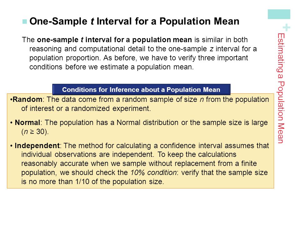 + One-Sample t Interval for a Population Mean The one-sample t interval for a population mean is similar in both reasoning and computational detail to the one-sample z interval for a population proportion.