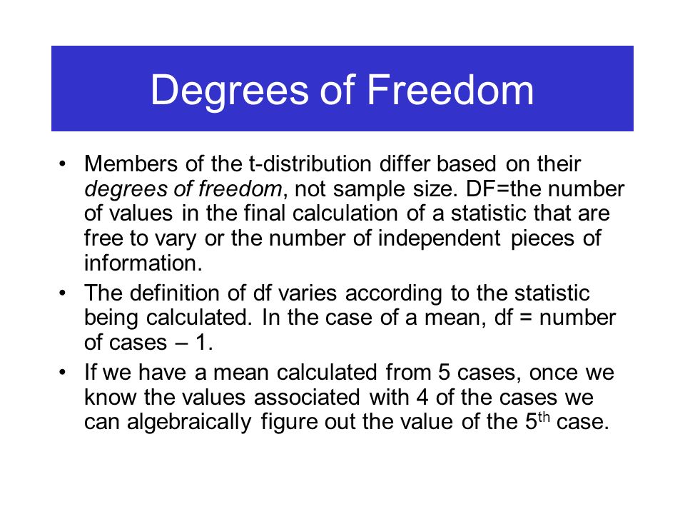 Degrees of Freedom Members of the t-distribution differ based on their degrees of freedom, not sample size.