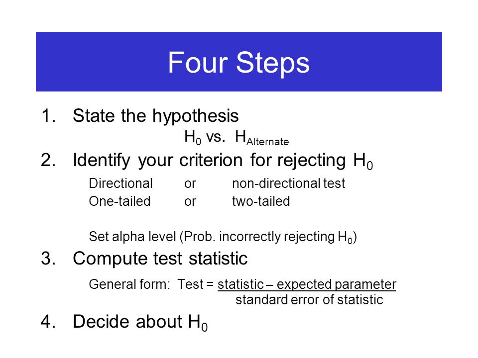 Four Steps 1.State the hypothesis H 0 vs.