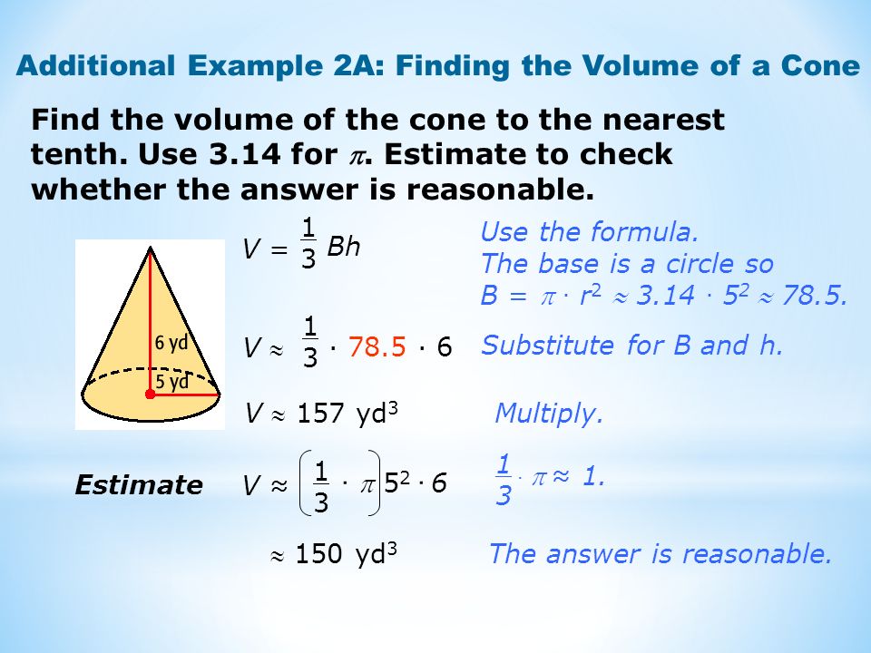 Find the volume of the cone to the nearest tenth. Use 3.14 for .